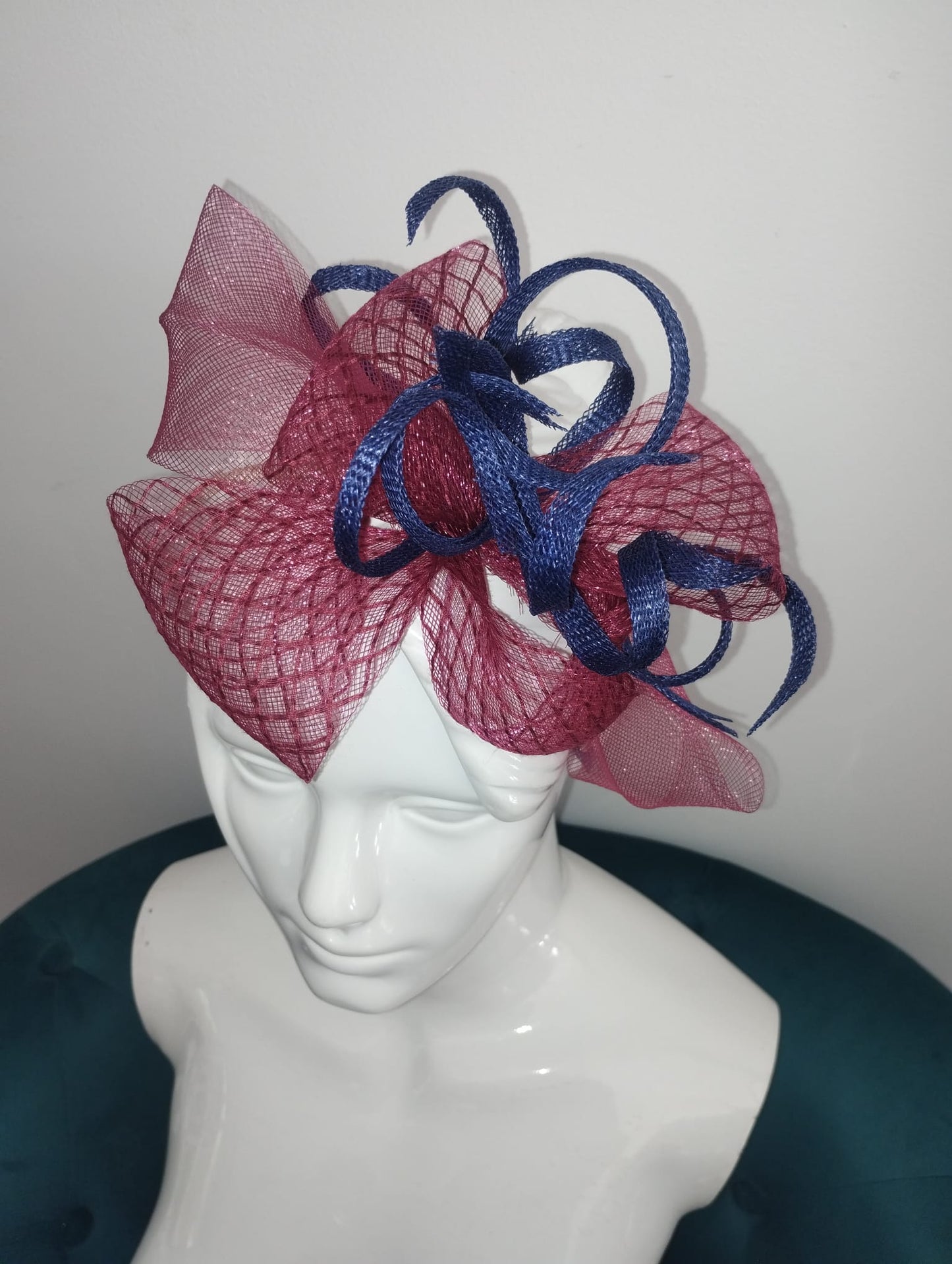 Neat claret and blue headpiece
