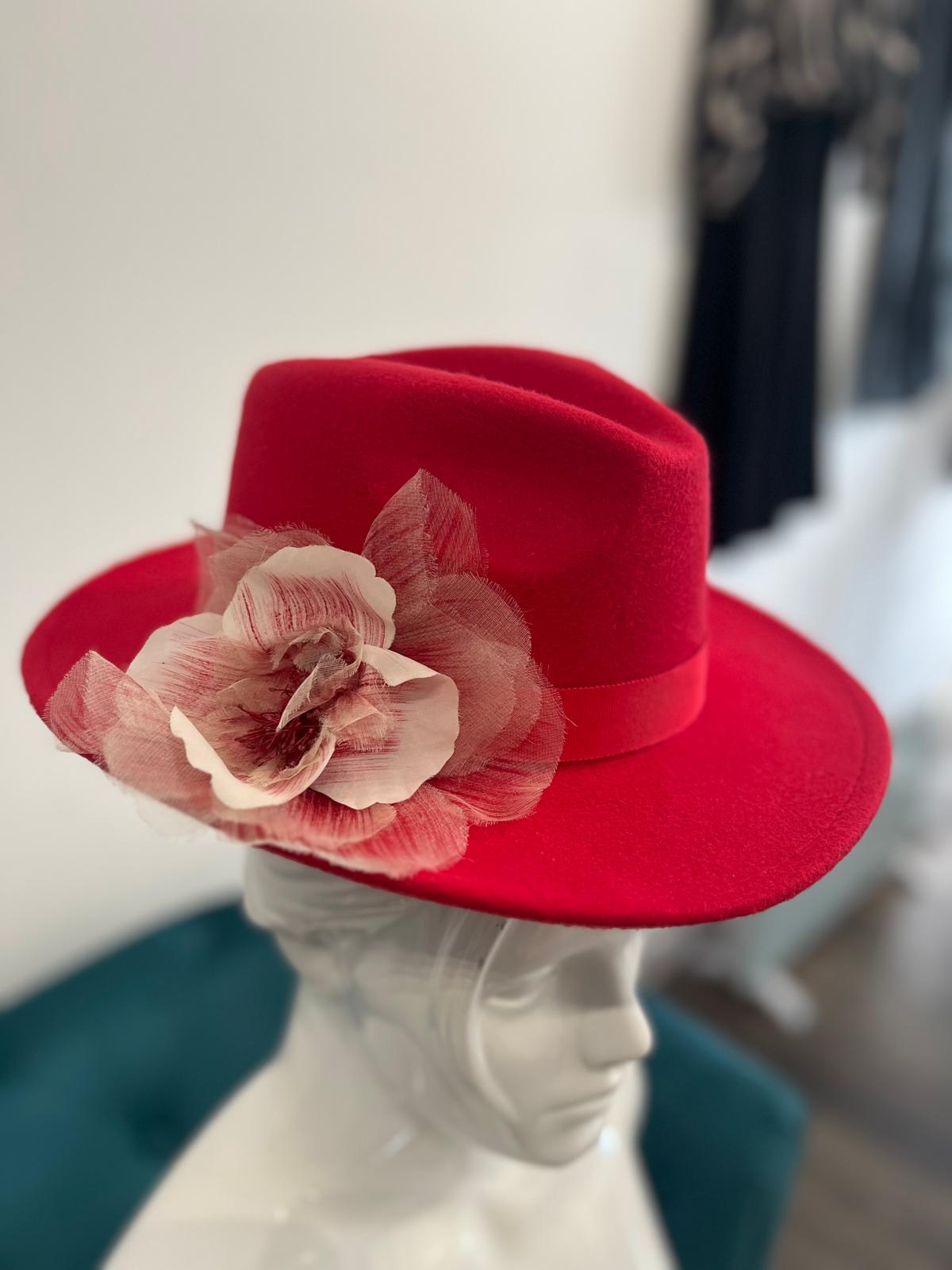 Red flowered hat
