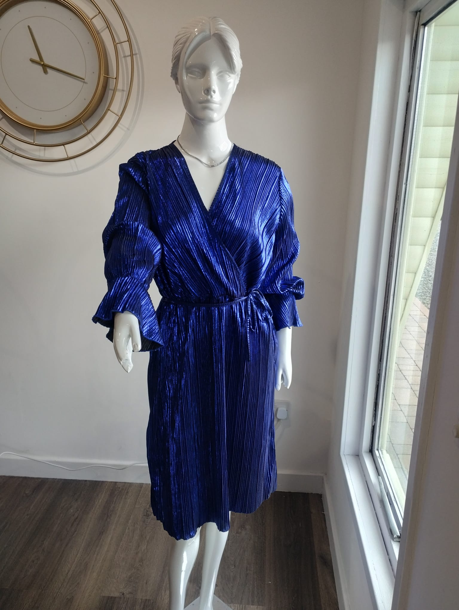 Royal Blue Pleated Wrap Dress with Tie Waist BBM Fashions Royal Blue Pleated Wrap Dress with Tie Waist BBM Fashions