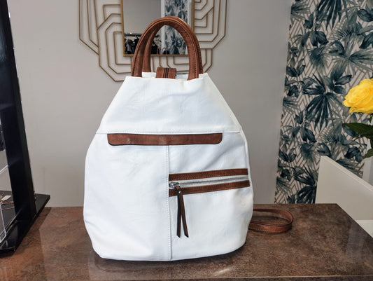 White and brown back pack