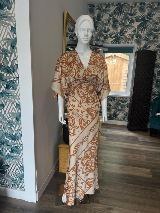 Long camel and tan dress
